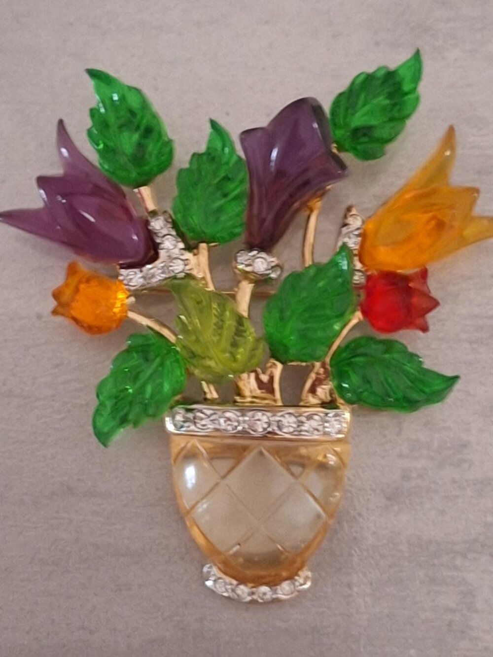 Joseph Cleary JC Jelly Belly Lucite Flower Vase Brooch Pin 1950s Mid-Century